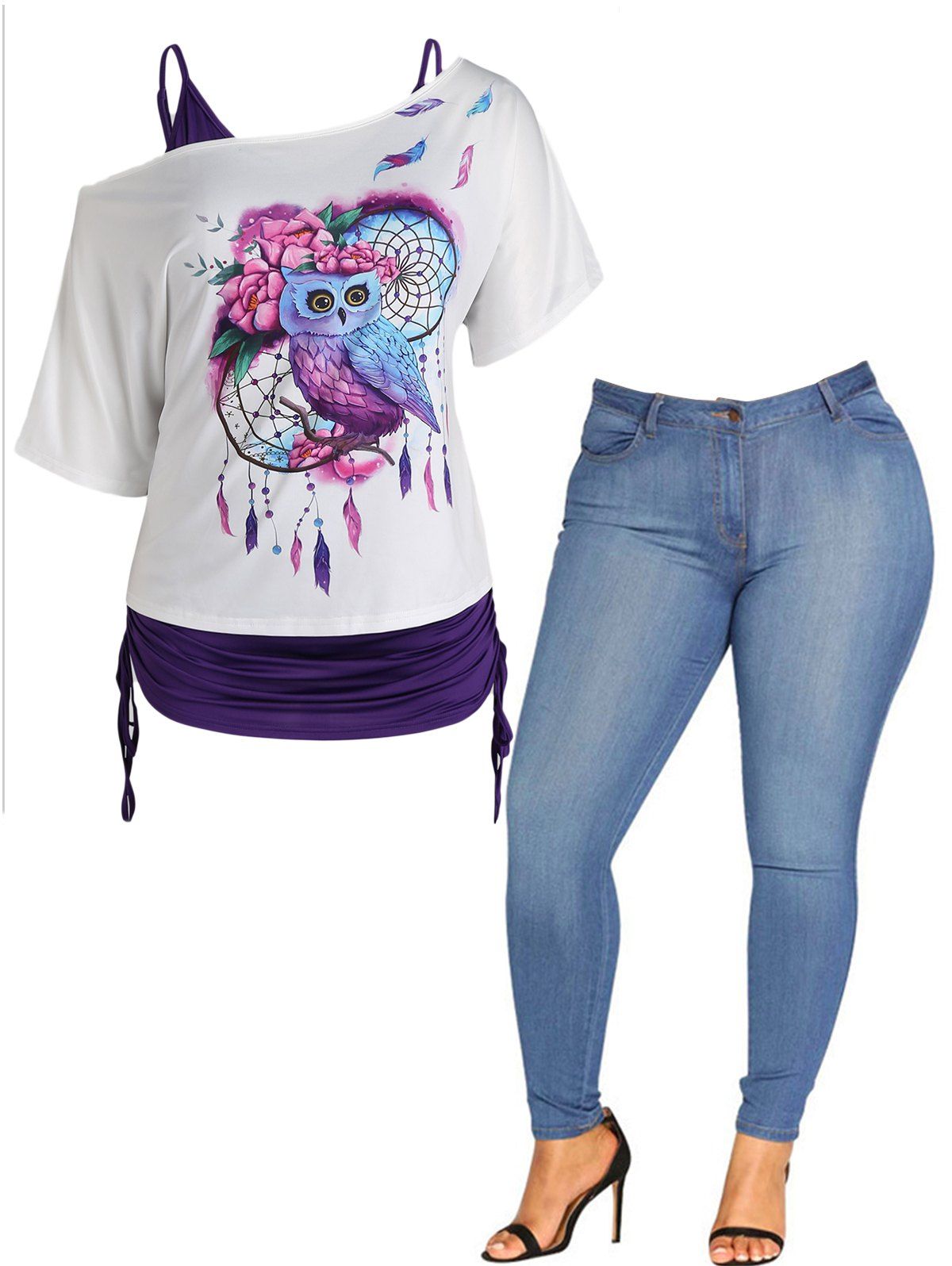 T-Shirt Cintré et Débardeur à Imprimé Fleur Hibou de Grande Taille et Jean Moulant - multicolor L