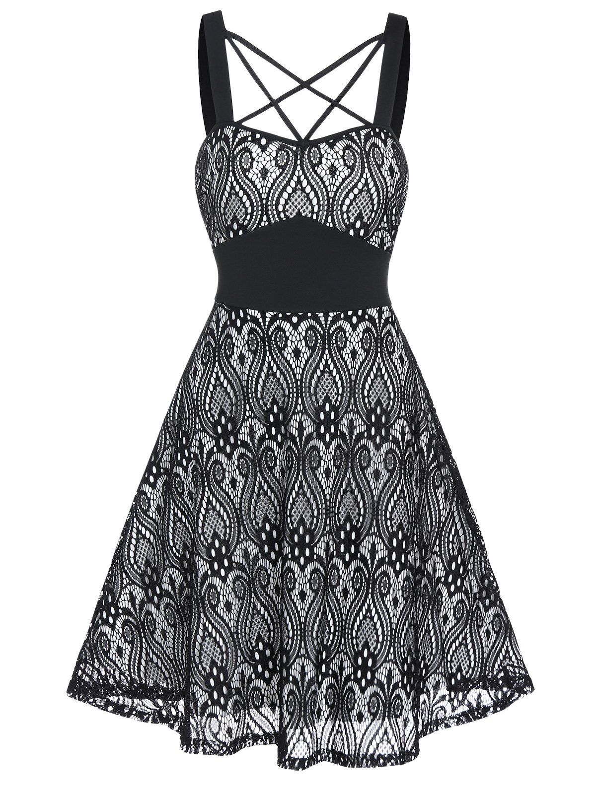 Ethnic Style Dress Tribal Flower Pattern Lace Dress Crisscross Gothic A Line Dress - BLACK XL
