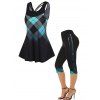 Plaid Ombre Print Front Straps Tank Top And High Waist Skinny Capri Leggings Summer Outfit - multicolor S