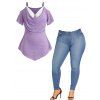 Plus Size Heather Curved Hem Draped Faux Twinset T Shirt And Solid Color Jeans Casual Outfit - multicolor L