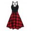 Plaid Print A Line Dress Lace Up Corset Style Mini Dress Ladder O Ring Plunge Dress - RED XXXL