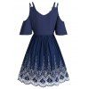 Contrast Crochet Flower Lace Embroidery Scalloped Dress Cold Shoulder Dual Straps V Neck Mini Dress Pleated A Line Dress - DEEP BLUE XXL