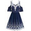 Contrast Crochet Flower Lace Embroidery Scalloped Dress Cold Shoulder Dual Straps V Neck Mini Dress Pleated A Line Dress - DEEP BLUE XXL