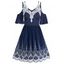 Contrast Crochet Flower Lace Embroidery Scalloped Dress Cold Shoulder Dual Straps V Neck Mini Dress Pleated A Line Dress - DEEP BLUE XXXL