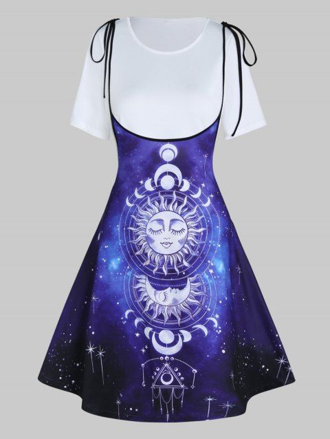 Casual Outfit Pure Color T Shirt and Sun Moon Galaxy Print Tied Shoulder A Line Midi Suspender Skirt Two Piece Set
