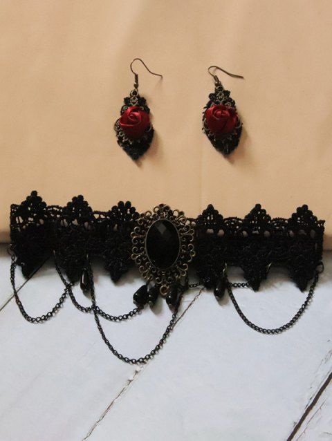 Faux Gem Chain Lace Choker And Rose Hollow Out Earrings Two Piece Gothic Set