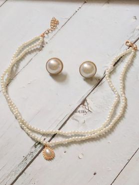 Faux Pearl Layered Necklace And Round Stud Earrings Two Piece Elegance Set