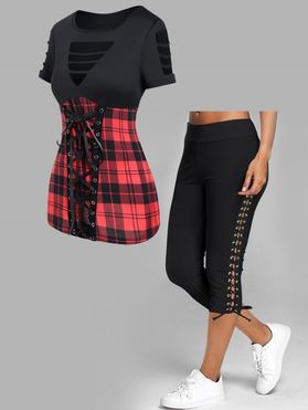 Plaid Print Lace Up Ladder Cut Out T Shirt And Skinny Crop Leggings Casual Outfit