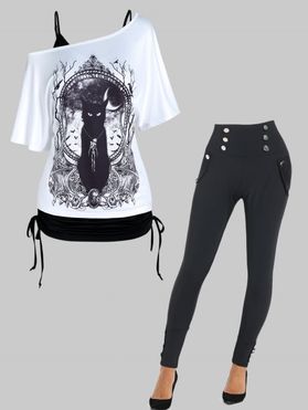 Cinched Tank Top Mirror Cat Print T Shirt Two Piece Top And Mock Button Leggings Gothic Outfit