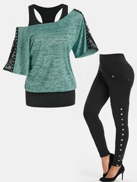 Lace Insert Skew Neck Space Dye Faux Twinset T Shirt And Pocket Snap Button Leggings Casual Outfit