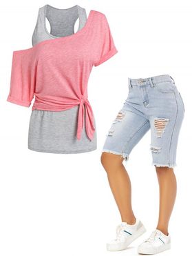 Skew Collar T-shirt and Racerback Tank Top And Ripped Frayed Hem Denim Shorts Summer Outfit