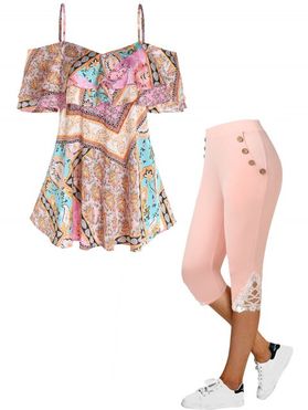 Allover Paisley Print Cold Shoulder Ruffled Top And High Rise Lace Applique Capri Leggings Summer Outfit