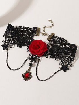 Collier Ras-de-Cou en Dentelle Motif Rose et Perles Fantaisies avec Pompons en Diamant Style Gothique