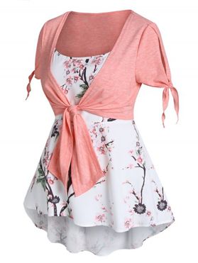 Plus Size Faux Twinset T Shirt Colorblock Peach Blossom Tree Print Tied Slit Sleeve Casual Tee