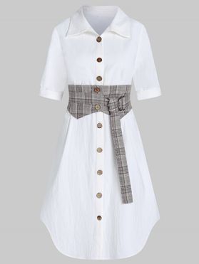 Shirt Dress Plaid Print Insert Belted Turn Down Collar A Line Midi Button-up Casual Dress