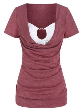 Colorblock T Shirt Cowl Neck Ruched Casual T-shirt Keyhole Short Sleeve Heathered Summer Tee