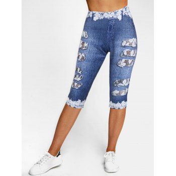 

Denim 3D Print Capri Jeggings High Waist Cropped Leggings, Deep blue