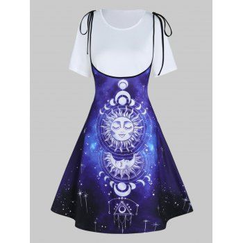 

Casual Outfit Pure Color T Shirt and Sun Moon Galaxy Print Tied Shoulder A Line Midi Suspender Skirt Two Piece Set, Deep blue