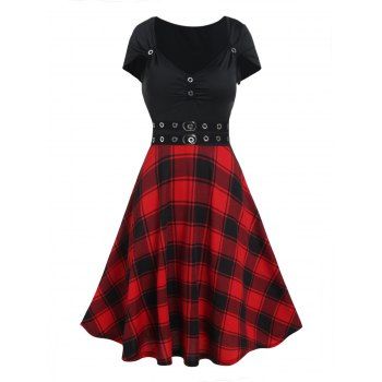 

Vintage Dress Plaid Print Grommet Ruched High Waist Short Sleeve A Line Mini Summer Casual Dress, Red