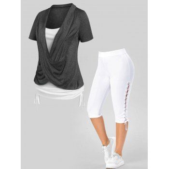 

Plus Size Colorblock Crossover Short Sleeve Faux Twinset T Shirt And Lace Up Capri Leggings Summer Outfit, Multicolor