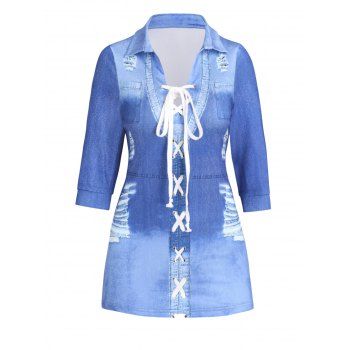 

Lace Up Top Faded Wash Ripped Denim 3D Print Top Three Quarter Sleeve Top, Deep blue