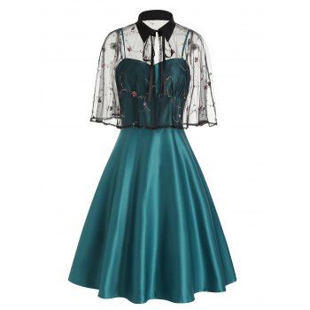 

Party Dress Solid Color Empire Waist Sleeveless Midi Dress and Tied Floral Embroidered Lace Shawl Two Piece Set, Blue