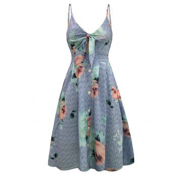 

Striped Floral Print Casual Sundress Ruched Bowknot Cut Out Knee Length A Line Summer Dress, Blue