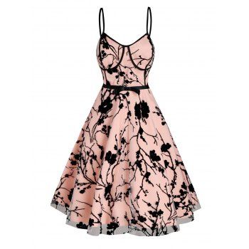 

Contrast Flower Mesh Overlay Cocktail Party Dress Spaghetti Strap Cupped Mini Dress, Light pink