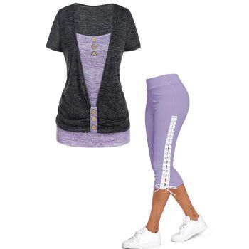 

Contrast Colorblock Mock Button Space Dye Twofer T Shirt And Lace Up Crop Leggings Casual Outfit, Light purple