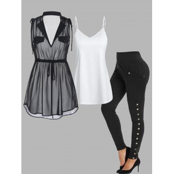 See Thru Cinched Tie Blouse Camisole Two Piece Top And Pocket Snap Button Leggings Casual Outfit