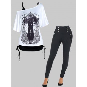 Cinched Tank Top Mirror Cat Print T Shirt Two Piece Top And Mock Button Leggings Gothic Outfit