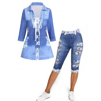 

Denim 3D Print Lace Up Three Quarter Sleeve Top And Capri Jeggings Outfit, Blue