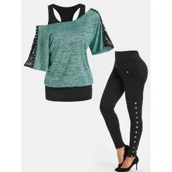

Lace Insert Skew Neck Space Dye Faux Twinset T Shirt And Pocket Snap Button Leggings Casual Outfit, Multicolor
