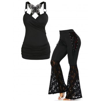 

Gothic Butterfly Lace Insert O Ring Crossover Tank Top And Lace Up Sheer Lace Flare Pants Outfit, Black