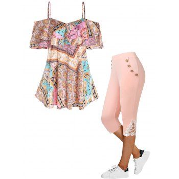 

Allover Paisley Print Cold Shoulder Ruffled Top And High Rise Lace Applique Capri Leggings Summer Outfit, Light pink
