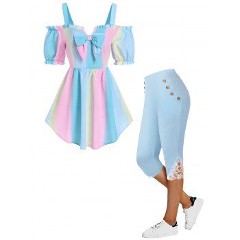 

Cold Shoulder Ruffle Bowknot Rainbow Pastel Top And High Rise Lace Applique Capri Leggings Summer Outfit, Light blue