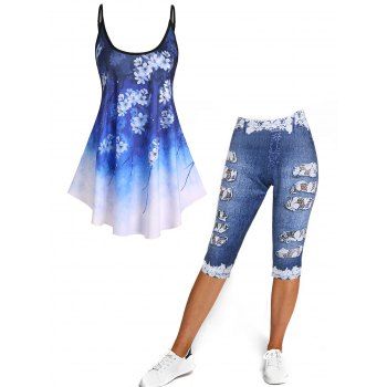 

Flower Print Ombre Asymmetric Tank Top And Denim 3D Print Capri Jegging Summer Outfit, Deep blue