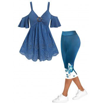 

Cold Shoulder Hollow Out Floral Embroidery Eyelet T Shirt And Colorblock Butterfly Print Capri Leggings Summer Outfit, Blue