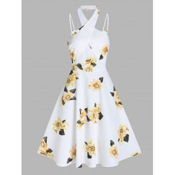 

Crossover Halter Dress Flower Print Summer Dress Backless Spaghetti Straps A Line Dress, White