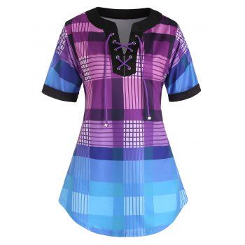

Plaid Print T Shirt Lace Up Short Roll Up Sleeve Summer Casual Tee, Purple