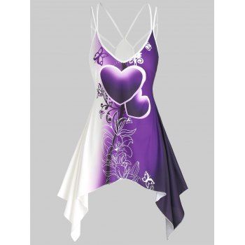 

Colorblock Heart Floral Print Asymmetrical Hem Handkerchief Cut OUt Summer Casual Sundress, Purple