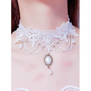 

Lace Choker Faux Pearl Pendant Hollow Out Bridesmaid Elegance Necklace, White