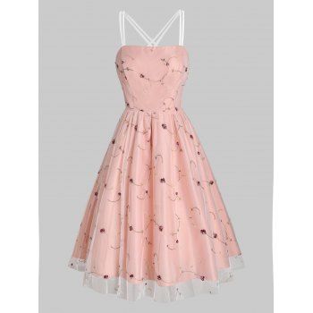 

Cocktail Party Dress Floral Mesh Overlay Mini Dress Crisscross Strappy A Line Sundress, Light pink