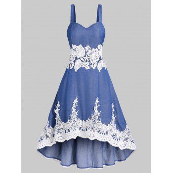 

Contrast Flower Lace Denim Dress Sweetheart Neck Backless High Low A Line Dress, Deep blue