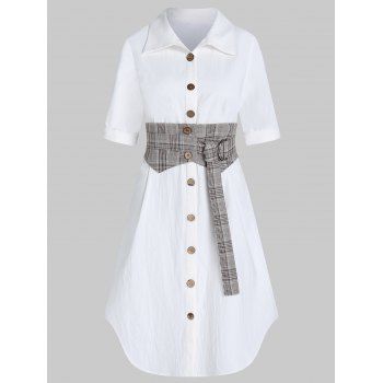 

Shirt Dress Plaid Print Insert Belted Turn Down Collar A Line Midi Button-up Casual Dress, White