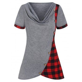 

Casual T Shirt Plaid Print Insert Contrast Colorblock Mock Button Draped Summer Tee, Gray