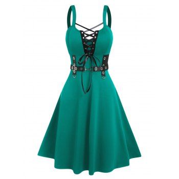 

Punk Gothic Dress Lace Up D-ring Eyelet Straps A Line Dress Sleeveless High Waist Dress, Deep green