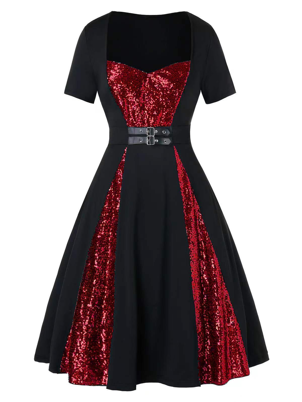 Party Dress Sequined Dress Buckle Strap Sweetheart Neck A Line Mini Prom Dress - RED 2XL
