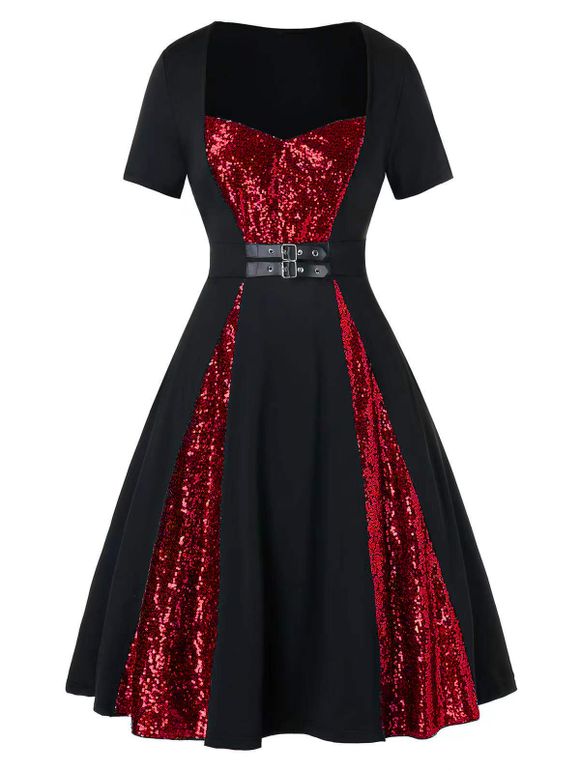 Mini Robe de Soirée Ligne A à Bretelle Bouclée à Paillettes - Rouge 2XL