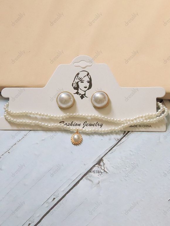 Ensemble de Boucles D'Oreilles et de Collier Rond Superposé en Fausse Perle Deux Pièces - Blanc 